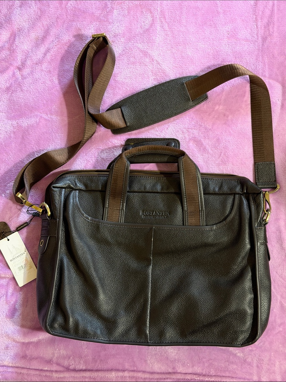 Men's Dark Brown Leather Laptop Briefcase with Shoulder Strap